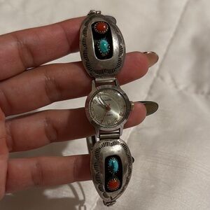 Vintage Silver Watch with Turquoise and Coral Accents